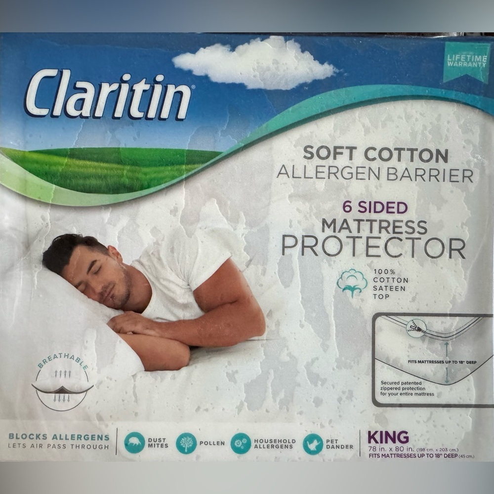 Claritin 6 Sided Mattress Protector King 100% Cotton Sateen Allergen Barrier New